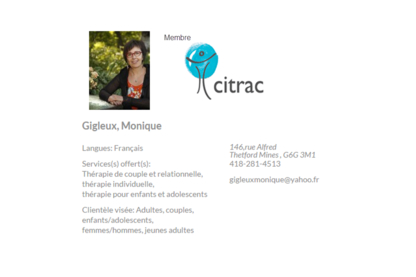 Monique Gigleux Thérapeute en Relation d'Aide - Counselling Services
