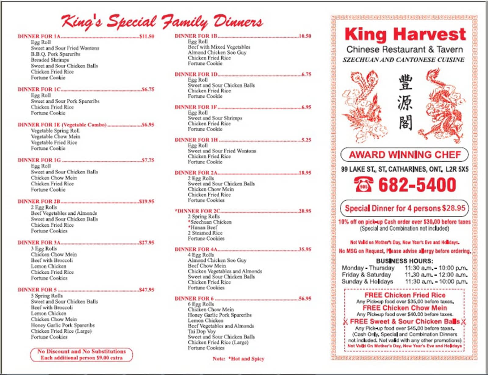 King Harvest Chinese Restaurant - Opening Hours - 99 Lake St St Catharines On