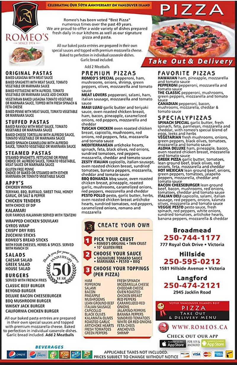 Romeo s Pizza Opening Hours 777 Royal Oak Drive Victoria BC