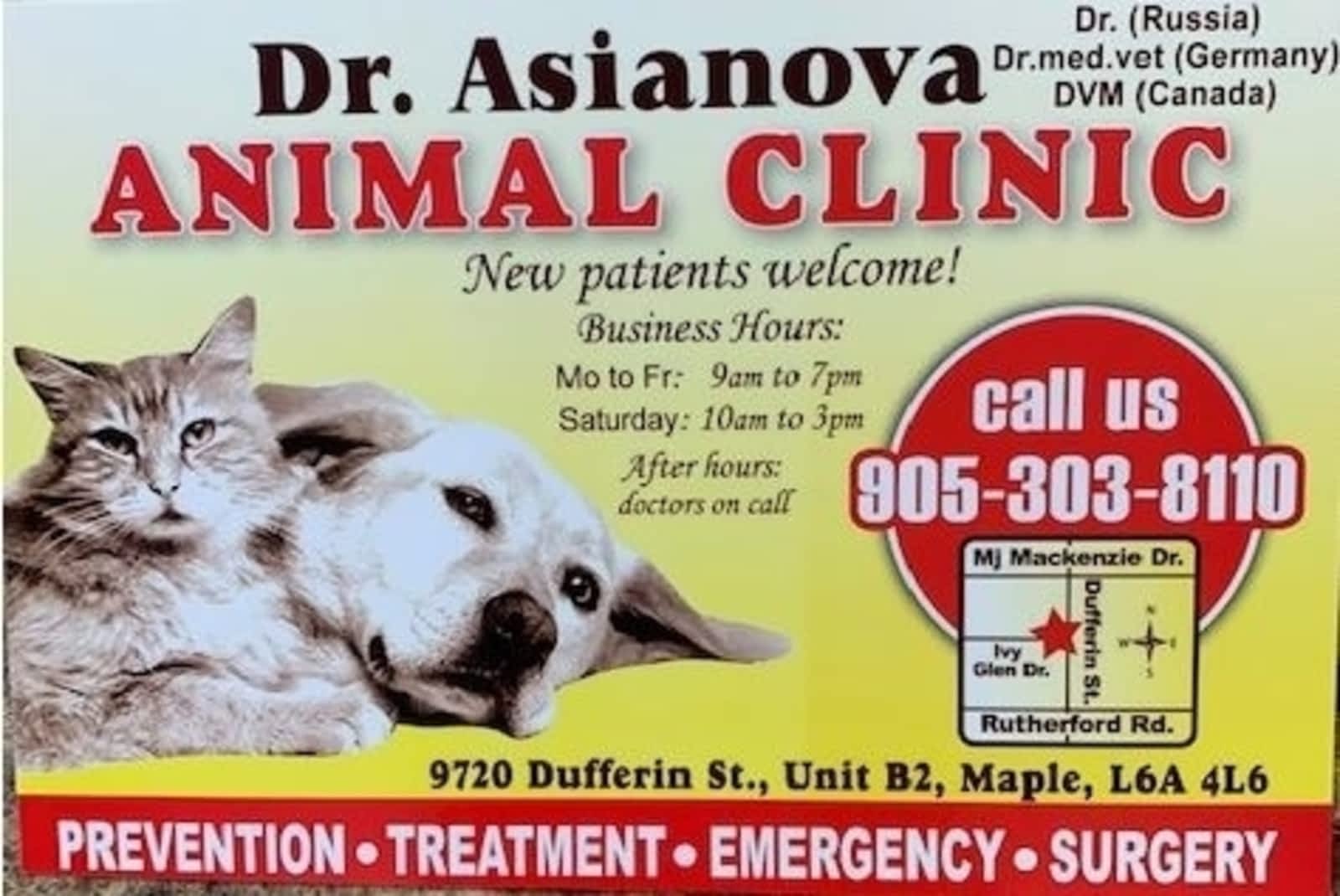Dr. Asianova Animal Clinic 24/7 Emergency Call - Opening Hours - 2-9720  Dufferin St, Maple, ON
