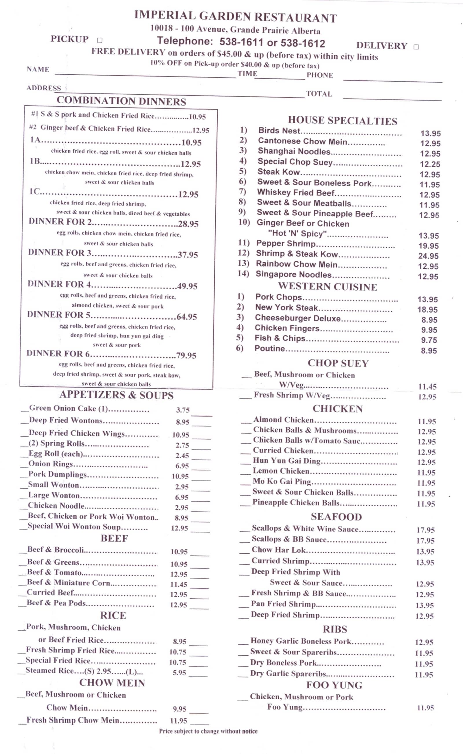 Imperial Garden Restaurant Menu Hours Prices 10018 100 Ave